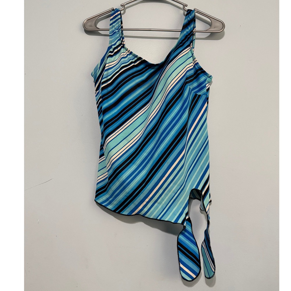Le Cove Size 12 Blue Striped Asymmetrical Side Tie Tankini Swim Top 1452